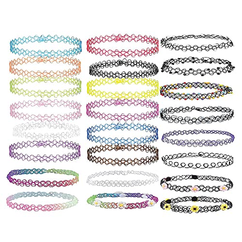 FLAVNTEL 24 Stuks Elastische Halskettingen, Stretch Tattoo-Chokerketting, Regenboogarmband, Vintage, Rubber, Tattoo-Halsketting, Henna-Halsband voor Meisjes, Vrouwen, Tieners, Meisjes