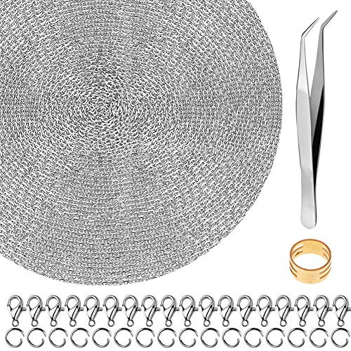 anezus Ketting voor sieraden maken,  50 voet sieraden ketting ketting kettingen 2.0mm roestvrij staal verzilverde ketting met 100 springen ringen 30 kreeft gespen voor sieraden maken sieraden ketting DIY maken