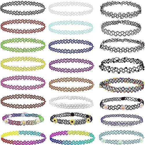 TOYOCC 24 Stuks Elastische Halskettingen, Choker-Halskettingen, Stretch Choker, Tattoo-Ketting, Stretch Tattoo-Choker Ketting Vintage Rubber Tattoo Halsketting Henna Halsband voor Meisjes Vrouwen Meisjes