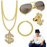 Gomice 2 Pcs Rapper Kostuum Accessoires   4-delige hiphopkostuumset,Nep gouden armband, nep dollarteken ketting, hiphop ring, hiphop bril voor hiphop rapper disco party