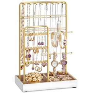 Wintem Metalen sieradenstandaard met dienblad van zacht fluweel voor dames, ideaal als kettinghouder en oorbellen, modern en functioneel design voor slaapkamer en make-uptafel Wintem Metalen sieradenstandaard met dienblad van zacht fluweel voor dames, ideaal als kettinghouder en oorbellen, modern en functioneel design voor slaapkamer en make-uptafel