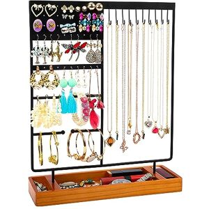 BELLE VOUS 4-Laags Zwarte Sieraden Houder Standaard Display 50 Knopgaten, 10 Haken, 4 Hangende Armen & Houten Tray Tafeltop Sieraden Boom voor Kettingen, Oorbellen, Armbanden, Ringen & Meer