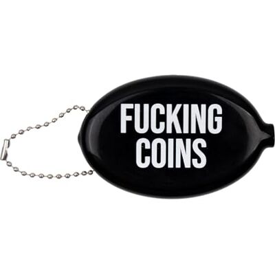 Fisura – Ovale rubberen portemonnee “F*cking coins” zwart. Retro portemonneetje met ketting, klein zakmodel, unisex en met humor. 1 stuk. Fisura – Ovale rubberen portemonnee “F*cking coins” zwart. Retro portemonneetje met ketting, klein zakmodel, unisex en met humor. 1 stuk.
