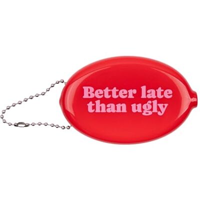Fisura – Ovale rubberen portemonnee “Better late” roze. Retro model met ketting, mini portemonnee voor in de zak, unisex accessoire perfect als cadeau. 1 stuk. Fisura – Ovale rubberen portemonnee “Better late” roze. Retro model met ketting, mini portemonnee voor in de zak, unisex accessoire perfect als cadeau. 1 stuk.