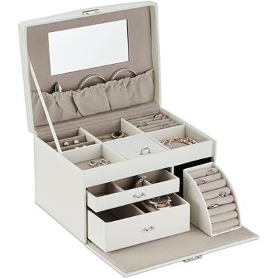 Relaxdays sieradendoos, juwelendoos met slot, ringhouder, HxBxD 18 x 26,5 x 19 cm, sieraden organizer met spiegel, wit Relaxdays sieradendoos, juwelendoos met slot, ringhouder, HxBxD 18 x 26,5 x 19 cm, sieraden organizer met spiegel, wit