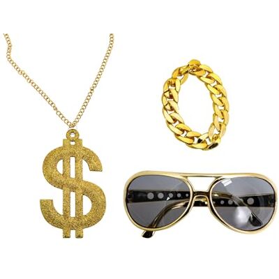 Chaks Rapper Accessoireset, Gouden Dollar Ketting, Bril & Armband, Outfit voor 80s, 90s Retro Party, Carnaval Chaks Rapper Accessoireset, Gouden Dollar Ketting, Bril & Armband, Outfit voor 80s, 90s Retro Party, Carnaval