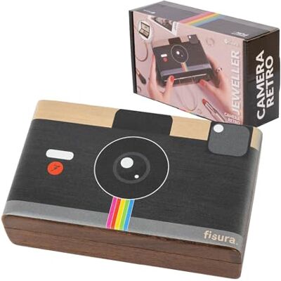 Fisura – Houten sieradenbox “retro camera” voor dames. Organizer met opbergruimte voor oorbellen, ringen, armbanden en kettingen. Compact formaat: 16,6 cm x 9,8 cm x 5 cm. Fisura – Houten sieradenbox “retro camera” voor dames. Organizer met opbergruimte voor oorbellen, ringen, armbanden en kettingen. Compact formaat: 16,6 cm x 9,8 cm x 5 cm.