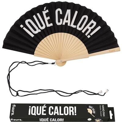 Fisura Originele waaier met opschrift "Qué Calor", moderne en kleurrijke houten waaiers, zwarte handventilator, inclusief hanger, grappig cadeau-idee, 42,5 x 23 cm Fisura Originele waaier met opschrift "Qué Calor", moderne en kleurrijke houten waaiers, zwarte handventilator, inclusief hanger, grappig cadeau-idee, 42,5 x 23 cm
