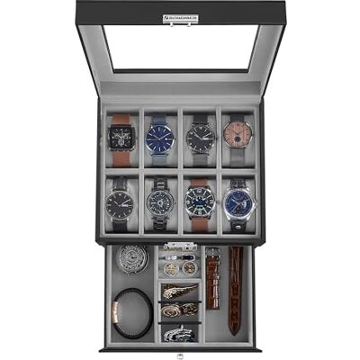SONGMICS Horlogedoos met 8 sleuven, afsluitbare horlogekast met glazen Voor ringen, armbanden, cadeau-idee, zwart synthetisch leer, groenachtig grijze voering, BRIDIE collectie, UJWB080G01S SONGMICS Horlogedoos met 8 sleuven, afsluitbare horlogekast met glazen Voor ringen, armbanden, cadeau-idee, zwart synthetisch leer, groenachtig grijze voering, BRIDIE collectie, UJWB080G01S
