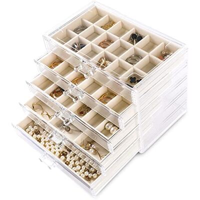 Frebeauty Acryl sieraden organizer, oorbel organizer doos met 5 laden doorzichtige sieradendoos met fluwelen trays voor vrouwen, stapelbare oorbel displayhouder voor ringen, studs en armbanden (beige) Frebeauty Acryl sieraden organizer, oorbel organizer doos met 5 laden doorzichtige sieradendoos met fluwelen trays voor vrouwen, stapelbare oorbel displayhouder voor ringen, studs en armbanden (beige)