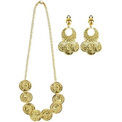 Boland 64510 Buikdanseresset, 3-delige set, twee oorbellen en een halsketting, modieuze sieraden, gouden munten, buikdans, carnaval, themafeest, kostuum, verkleedpartij, dans, podium, theater Boland 64510 Buikdanseresset, 3-delige set, twee oorbellen en een halsketting, modieuze sieraden, gouden munten, buikdans, carnaval, themafeest, kostuum, verkleedpartij, dans, podium, theater