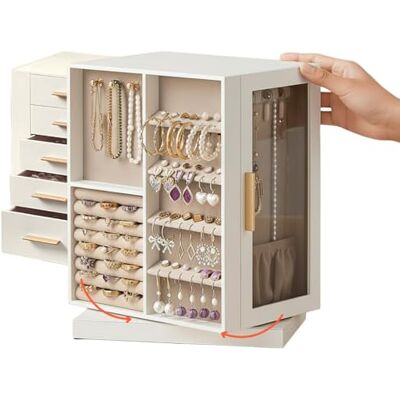 Avilia Sieradenkistje van fluweel, draaibaar, van MDF, 5 laden, 18 haken voor halskettingen, 48 gaten oorbellen, 8 vakken ringen, organizer 360° elegante sieraden, cadeau-idee Avilia Sieradenkistje van fluweel, draaibaar, van MDF, 5 laden, 18 haken voor halskettingen, 48 gaten oorbellen, 8 vakken ringen, organizer 360° elegante sieraden, cadeau-idee