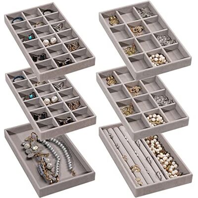 Frebeauty Sieraden Organizer Tray, Stapelbare Fluwelen Sieraden Trays, Lade Inserts Earring Organizer Voor Vrouwen Meisjes Sieraden Opslag Display Case voor Ringen Stud Kettingen, Set van 6 (Grijs) Frebeauty Sieraden Organizer Tray, Stapelbare Fluwelen Sieraden Trays, Lade Inserts Earring Organizer Voor Vrouwen Meisjes Sieraden Opslag Display Case voor Ringen Stud Kettingen, Set van 6 (Grijs)