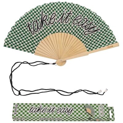 Fisura Originele waaier met het opschrift "Take it Easy", moderne en kleurrijke houten waaiers, groene handventilator, inclusief hanger, grappig cadeau-idee, 42,5 x 23 cm Fisura Originele waaier met het opschrift "Take it Easy", moderne en kleurrijke houten waaiers, groene handventilator, inclusief hanger, grappig cadeau-idee, 42,5 x 23 cm