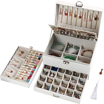 BOOVO Sieradendoos, 3 lagen, grote capaciteit, vergrendeling, sieradenorganizer, meisje, dames, ketting, armband, ring, oorbellen, cadeau, opbergdozen voor sieraden (wit/beige) BOOVO Sieradendoos, 3 lagen, grote capaciteit, vergrendeling, sieradenorganizer, meisje, dames, ketting, armband, ring, oorbellen, cadeau, opbergdozen voor sieraden (wit/beige)