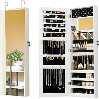 Avilia Sieradenkast met spiegel, 110 x 37 x 10 cm, van zeer robuust MDF, ruimtebesparende organizer voor sieraden en accessoires, met veilige sleutelsluiting, wandmontage of deur Avilia Sieradenkast met spiegel, 110 x 37 x 10 cm, van zeer robuust MDF, ruimtebesparende organizer voor sieraden en accessoires, met veilige sleutelsluiting, wandmontage of deur
