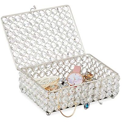 Relaxdays sieradendoos, prachtig kristal design, spiegelende bodem, sieradenkistje, HxBxD: 7 x 19 x 14.5 cm, zilver Relaxdays sieradendoos, prachtig kristal design, spiegelende bodem, sieradenkistje, HxBxD: 7 x 19 x 14.5 cm, zilver