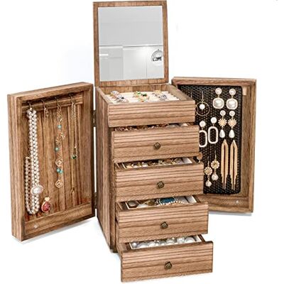 Meangood Sieradendoos hout voor wowen, 5-laags grote organizer box met spiegel & 4 laden voor ringen, oorbellen, kettingen, vintage stijl gebrand hout Meangood Sieradendoos hout voor wowen, 5-laags grote organizer box met spiegel & 4 laden voor ringen, oorbellen, kettingen, vintage stijl gebrand hout