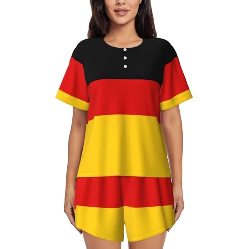 WURTON Duitse Vlag Duitse Vlag Korte Mouw Pyjama Sets Voor Vrouwen Casual Ronde Hals 2 Stuk Lounge Sets, Zwart, XXL