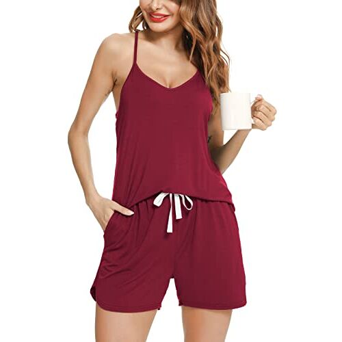 Lovasy Pyjama voor dames 100% modaal korte pyjama voor dames sets zachte dames pyjama sexy cami en shorts pyjama set S-XXL, A-wijn Rood, S