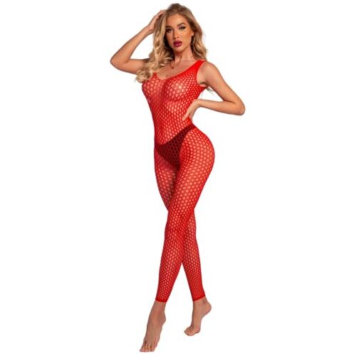 Bommi Fairy Sexy mesh-lingerie voor dames, visnet, babydoll, mini-jurk, vrije maat, bodysuit, nachtkleding, ondergoed, sexy perspectief, erotische lingerie, lange mouwen, lingerie, erotische lingerie, rood, Eén maat