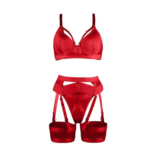 Hxiaen Kousenband-lingerie voor vrouwen, sexy lingerie, transparant, bijpassende 4-delige lingerie-set lingerie zijde sexy, rood, M