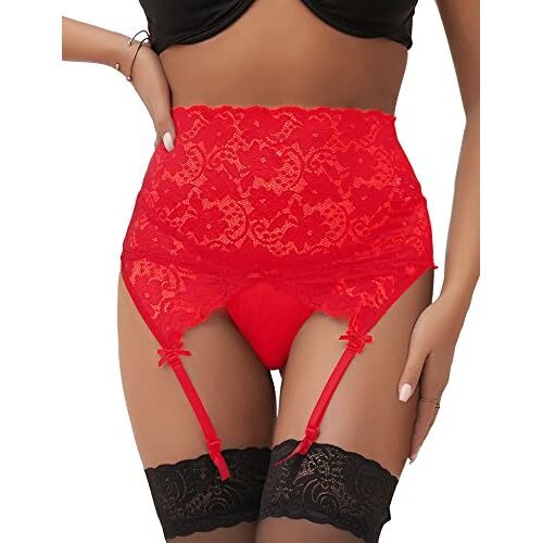 ohmydear Sexy jarretelgordel voor dames, grote maat, hoge taille, transparante kant, kousenband, kousenband, set kousen en kousenbanden, sexy lingerie en kleding, 4 riem met G-string, Rood, M-L