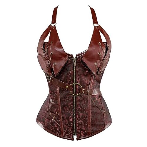 Kuose Dames kunstleer gothic steampunk Baskische bustier shapewear spiraal staal uitgebeend korset top, Bruin-1, 22-24