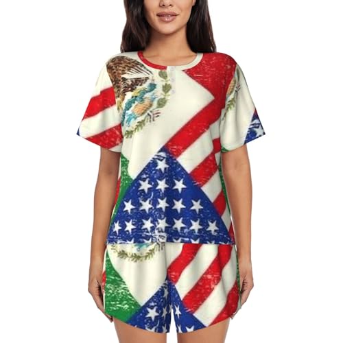 DUORHEV Mexicaans-Amerikaanse vlag print dames korte mouwen pyjama geschikt voor vrijetijdskleding, huiskleding, Mexicaanse Amerikaanse vlag, XXL