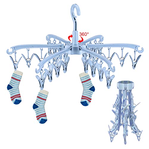 GmeDhc 24 haringen opvouwbare sokdroger, sokkenhanger voor waslijn, hangende kledingdroogrekken, draaibare sokkenhangers met clips, voor kleding, ondergoed, sokken, lingerie (blauw)