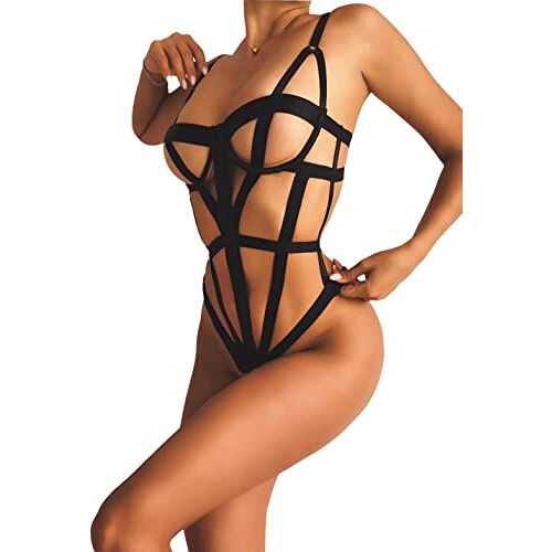 WILN Bandage Bodysuit  Vrouwen Zwarte Lichamen Voor Vrouwen Hot Strapy Een stuk Lingerie Vrouwelijke Jumpsuit Lichaam Sexy Teddy Lingerie Een Stuk Erotisch (M), Zwart, M