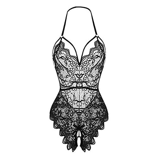 LEBENSWERT Sexy lingerie dames ondergoed voor vrouw sexy outfit vrouwen lingerie nachtkleding slip ouvert body dessous set nachtkleding babydoll teddy bodysuit diepe V-hals kant halster erotische negligé, zwart,