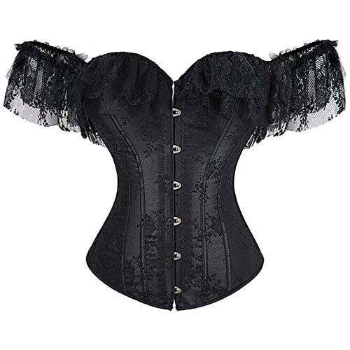 Kelvry Vrouwen Sexy Baskische Off-Shoulder Lace Up Uitgebeend Bustier Overbust Corset Tops Met Lange Mouwen, Kort-Zwart-2, 16-18