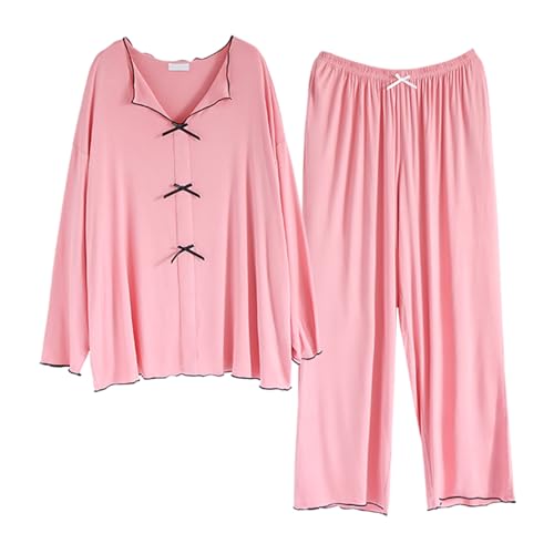 XNASU 2-delige Dames Pajama Sets Soft Cosy Lounge Sets met lange mouwen voor dames Casual Pj Sets,Roze,XXL