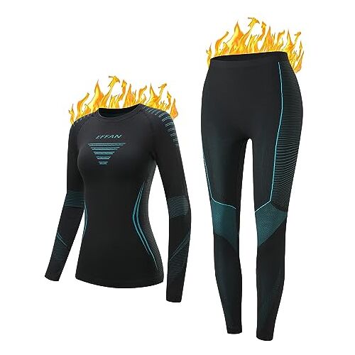 EFFAN Thermisch ondergoed voor dames, skiondergoed, functioneel ondergoed, warm en ademend, ski-ondergoed voor vrouwen, set thermo-ondergoed, sportondergoed voor herfst en winter, zwart-blauw, S