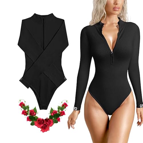 KXHB Snatched Zip Up BodySuit,long sleeve zip up bodysuits,sexy halloween costumes,Sexy Ribbed One Piece Long Sleeve Bodysuits (L,Black)