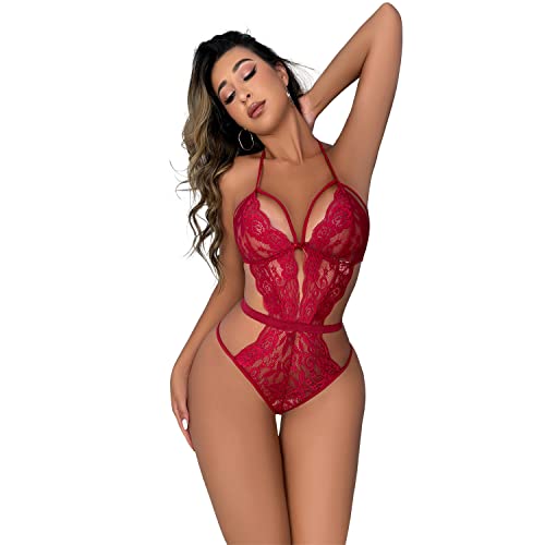 KELITCH Dames Lingerie Kanten Kousenband Bloemen Slaapkleding Eendelig Teddy Bodysuit Kant Erotisch Ondergoed