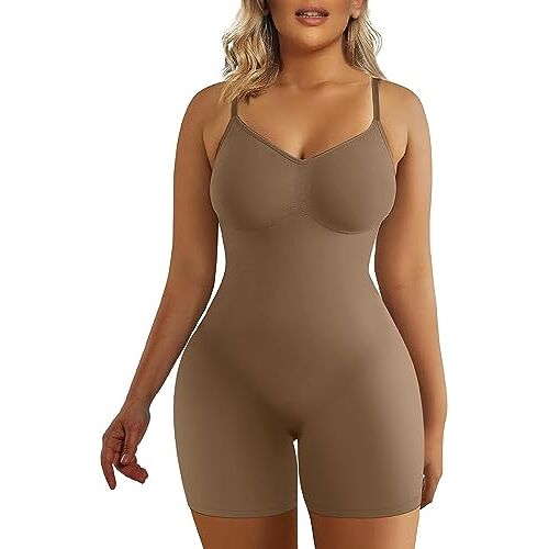 SHAPERX Slankvormende bodysuit voor dames, platte buik, bodysculpt, afslankmiddel, shapewear bodysuit, Bruin, XXS-XS