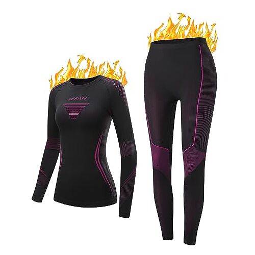 EFFAN Thermisch ondergoed voor dames, skiondergoed, functioneel ondergoed, warm en ademend, ski-ondergoed voor vrouwen, set thermo-ondergoed, sportondergoed voor herfst en winter, Zwart-fuchsia, XL