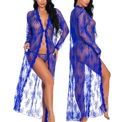 GMDNS Erotische Kleding Dames Erotische Lingerie Sexy Kanten Cardigan Lange Vrouwelijke Nachtjurk met Veelkleurige Bandjes, Blauw, L