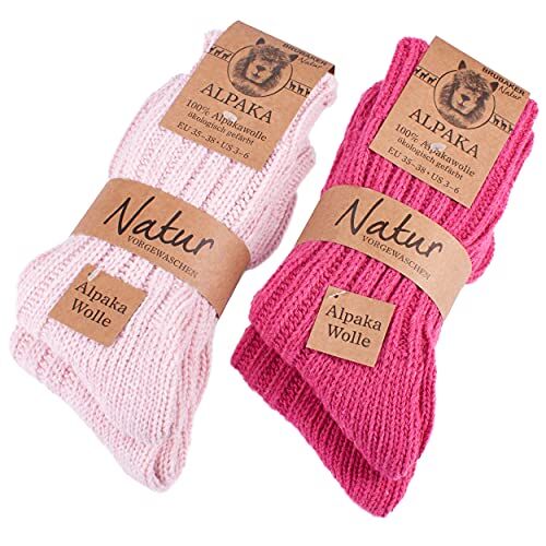 BRUBAKER 4 Paar 100% Alpaca Sokken Winter Sokken Set voor Mannen en Vrouwen Roze Maat 35-38