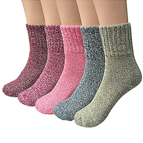 Airabc 5 paar wollen sokken, warme winter sokken dames, dikke gebreide sokken, thermische sokken winter dames sokken kleurrijke gezellige en ademend
