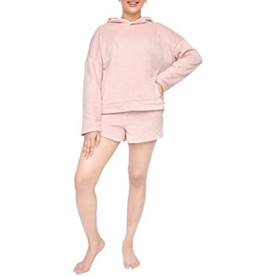 Sleepdown Dames Dames Luxe 2 Stuk Coral Fleece Hoodie En Korte Set Cosy Loungewear, roze, M Sleepdown Dames Dames Luxe 2 Stuk Coral Fleece Hoodie En Korte Set Cosy Loungewear, roze, M