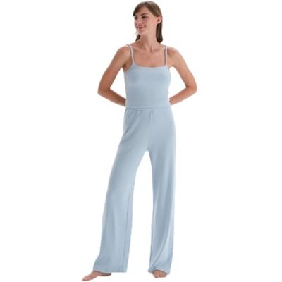Dagi Damespyjamabroek met hoge taille en wijde pijpen, Blauw, XL Dagi Damespyjamabroek met hoge taille en wijde pijpen, Blauw, XL