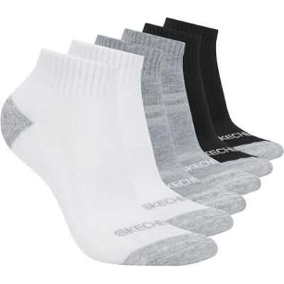 Skechers Performance Quarter Crew, 6-pack voor dames, ademend en gewatteerd voetbed, wit/lichtgrijs gemêleerd/zwart, 9-11 Skechers Performance Quarter Crew, 6-pack voor dames, ademend en gewatteerd voetbed, wit/lichtgrijs gemêleerd/zwart, 9-11
