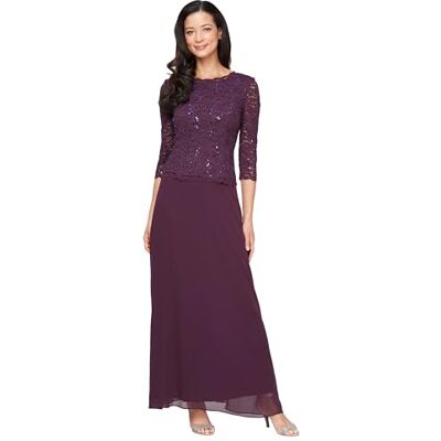 Alex Evenings Women's 3/4 Sleeve Stretch Lace Bodice One Piece Mother of The Bride Dress Regular Sizes, Deep Plum, 6 Petite Alex Evenings Women's 3/4 Sleeve Stretch Lace Bodice One Piece Mother of The Bride Dress Regular Sizes, Deep Plum, 6 Petite