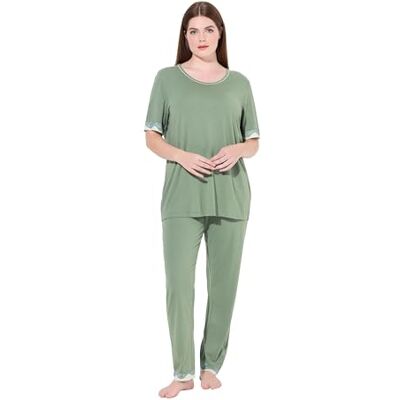 Ulla Popken Dames grote maten plus size pyjama, kanten randen, ronde hals, halve mouw 819494, Kaki, 54-56 Ulla Popken Dames grote maten plus size pyjama, kanten randen, ronde hals, halve mouw 819494, Kaki, 54-56