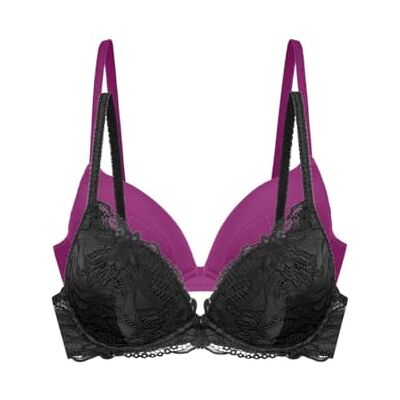 DORINA ANGIE-2PP-Plunge Angie Push-Up Plunge beha's kant en microvezel, afneembare pads, ondersteuning van de beugel, zwart en fuchsia, Zwart/Fuchsia, 70A DORINA ANGIE-2PP-Plunge Angie Push-Up Plunge beha's kant en microvezel, afneembare pads, ondersteuning van de beugel, zwart en fuchsia, Zwart/Fuchsia, 70A