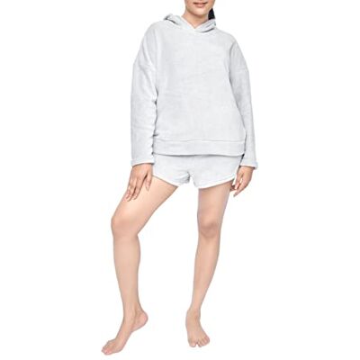 Sleepdown Dames Dames Luxe 2 Stuk Coral Fleece Hoodie En Korte Set Cosy Loungewear, Lichtgrijs, S Sleepdown Dames Dames Luxe 2 Stuk Coral Fleece Hoodie En Korte Set Cosy Loungewear, Lichtgrijs, S