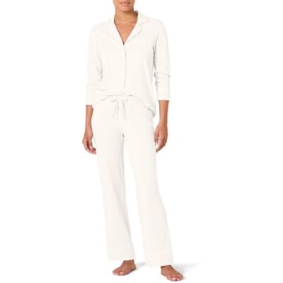 Amazon Essentials Dames katoenen modaal shirt met lange mouwen en lange broek pyjamaset (verkrijgbaar in grote maten), wit, XS Amazon Essentials Dames katoenen modaal shirt met lange mouwen en lange broek pyjamaset (verkrijgbaar in grote maten), wit, XS